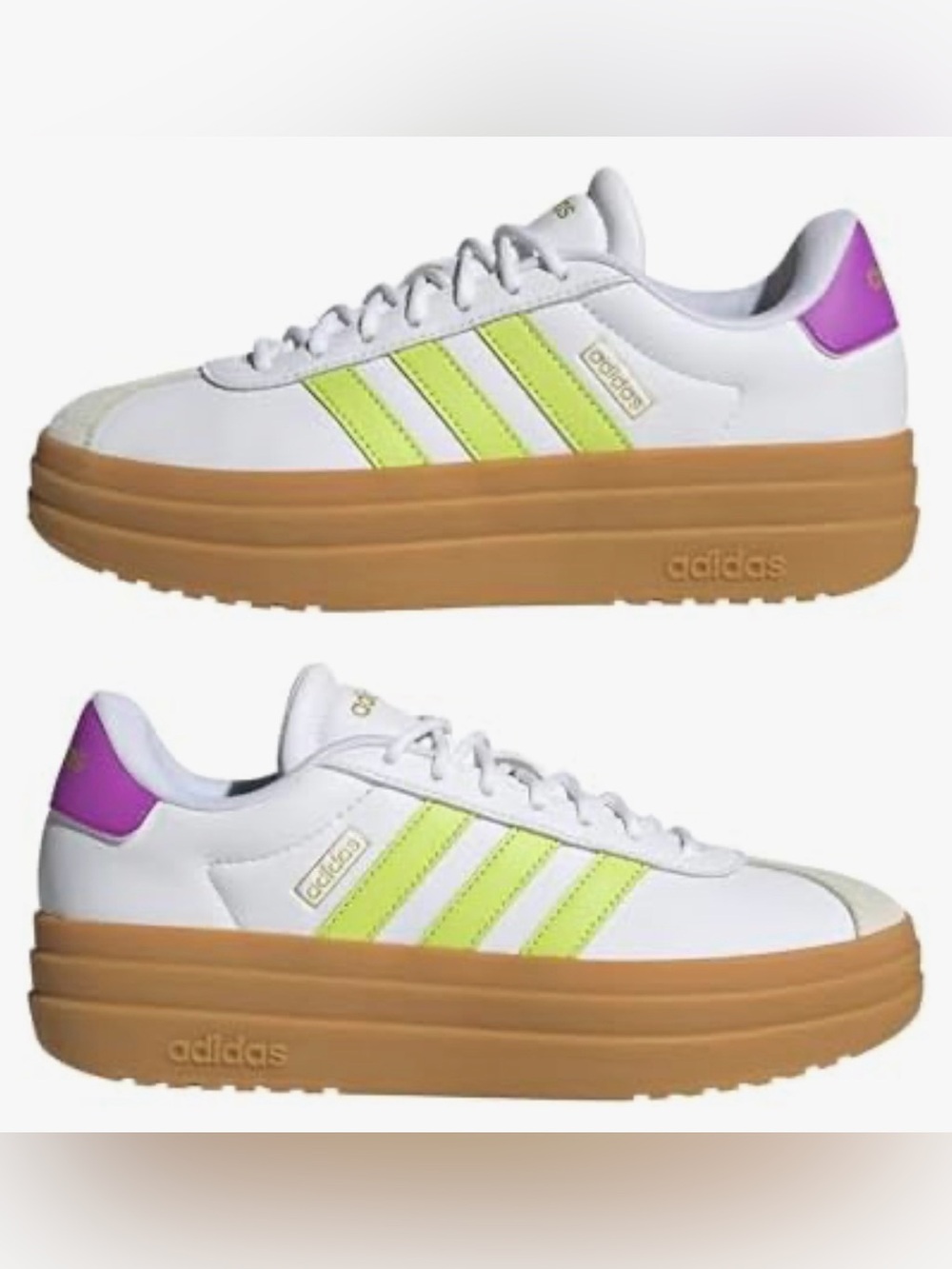 NEW adidas White Platform Sneakers with Neon Lime Stripes and Gum Sole